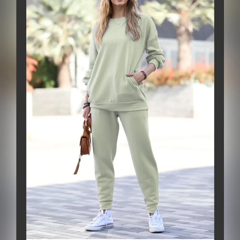 NEW! Soft Stretch Round Neck Light Sage Sweatshirt & Sweatpants 2PC Set - Picture 1 of 1